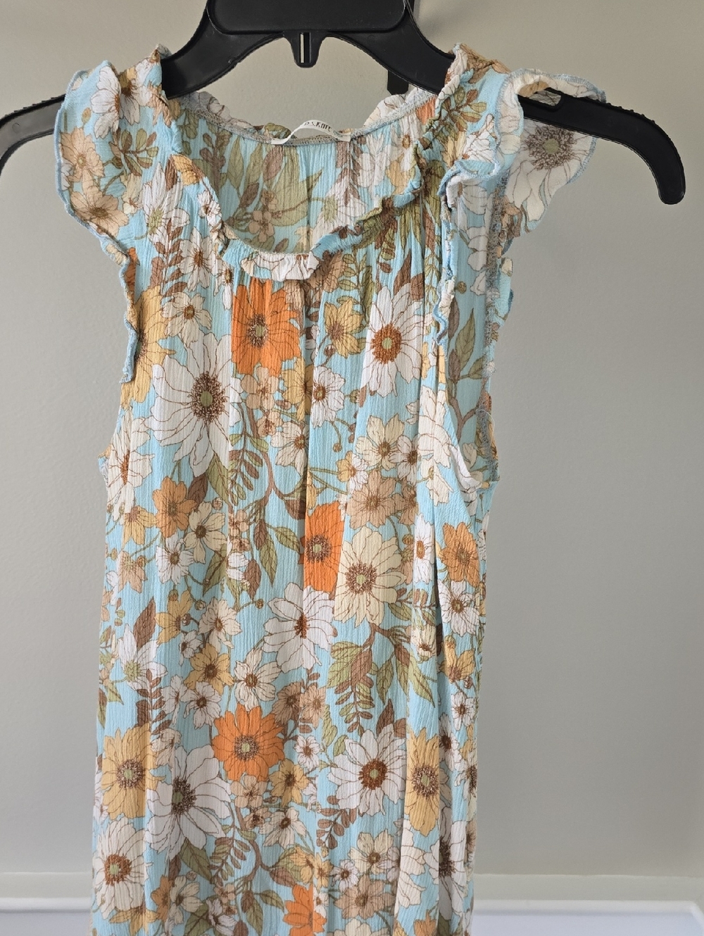 Sleeveless Floral Ruffle Neck Tank Top - Light Blue/Orange